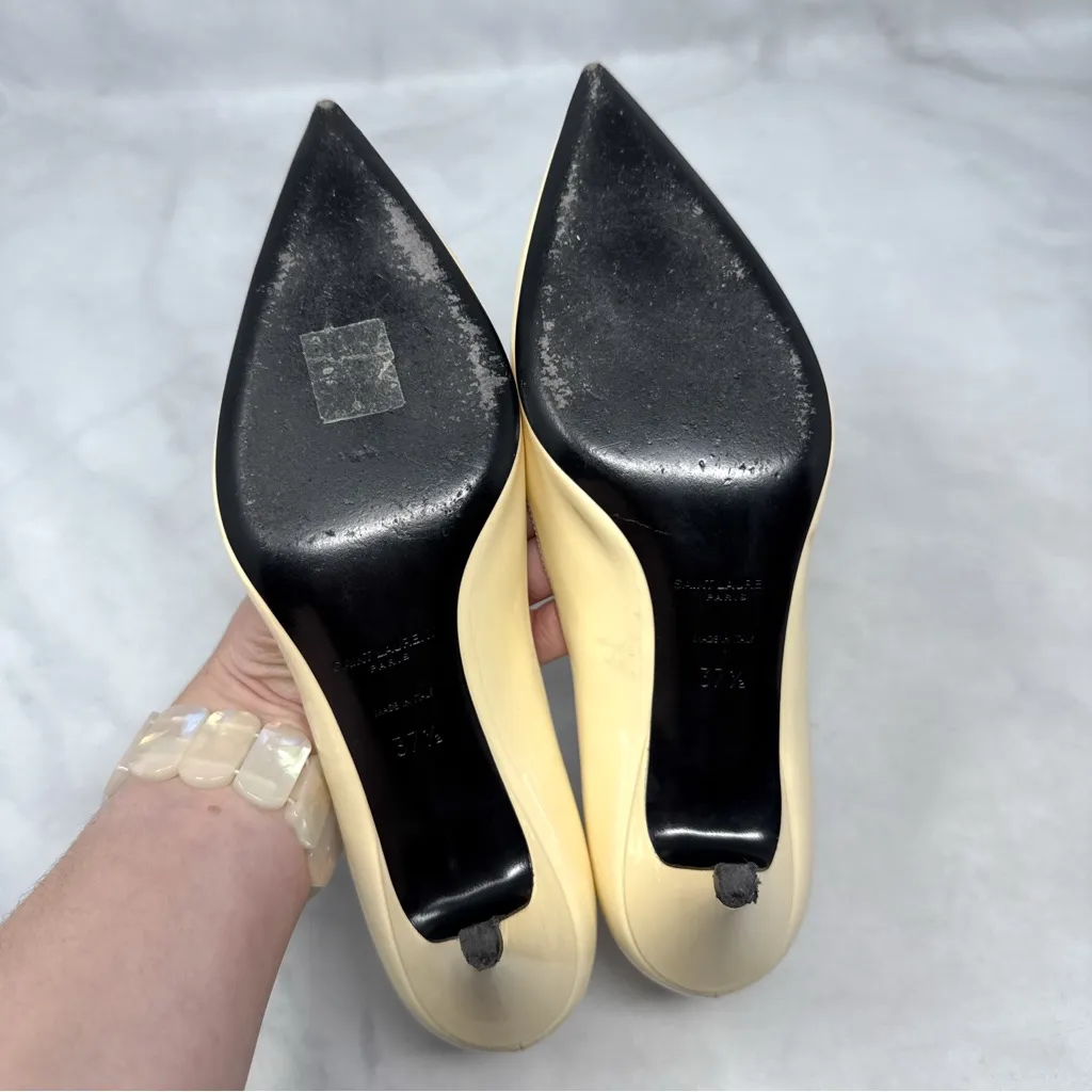 Saint Laurent Charlotte 55 Patent Leather Pointed Toe Kitten Heel Pumps Ivory - Image 11