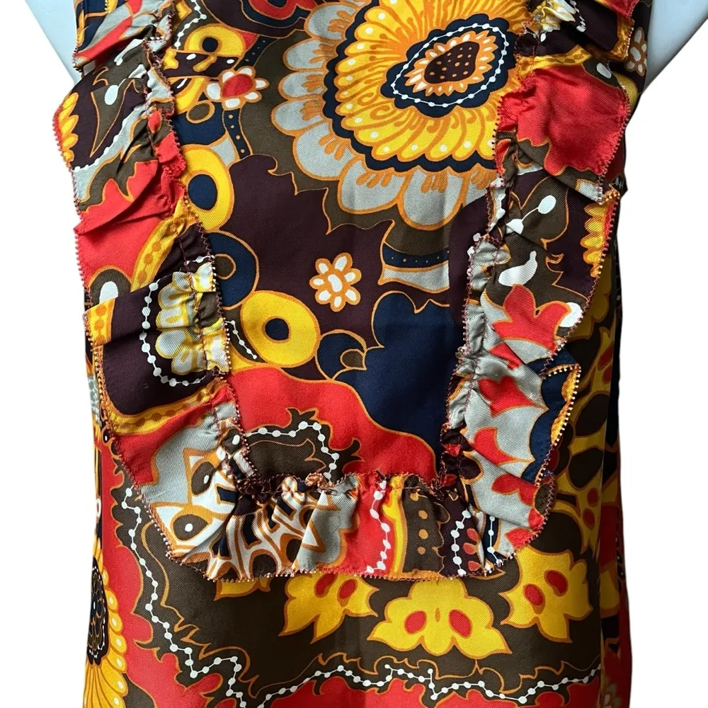 J. Crew Darwin 100% Silk Retro Floral Blouse Twill Ruffle Bib Ratti, Sz 4 - Image 9