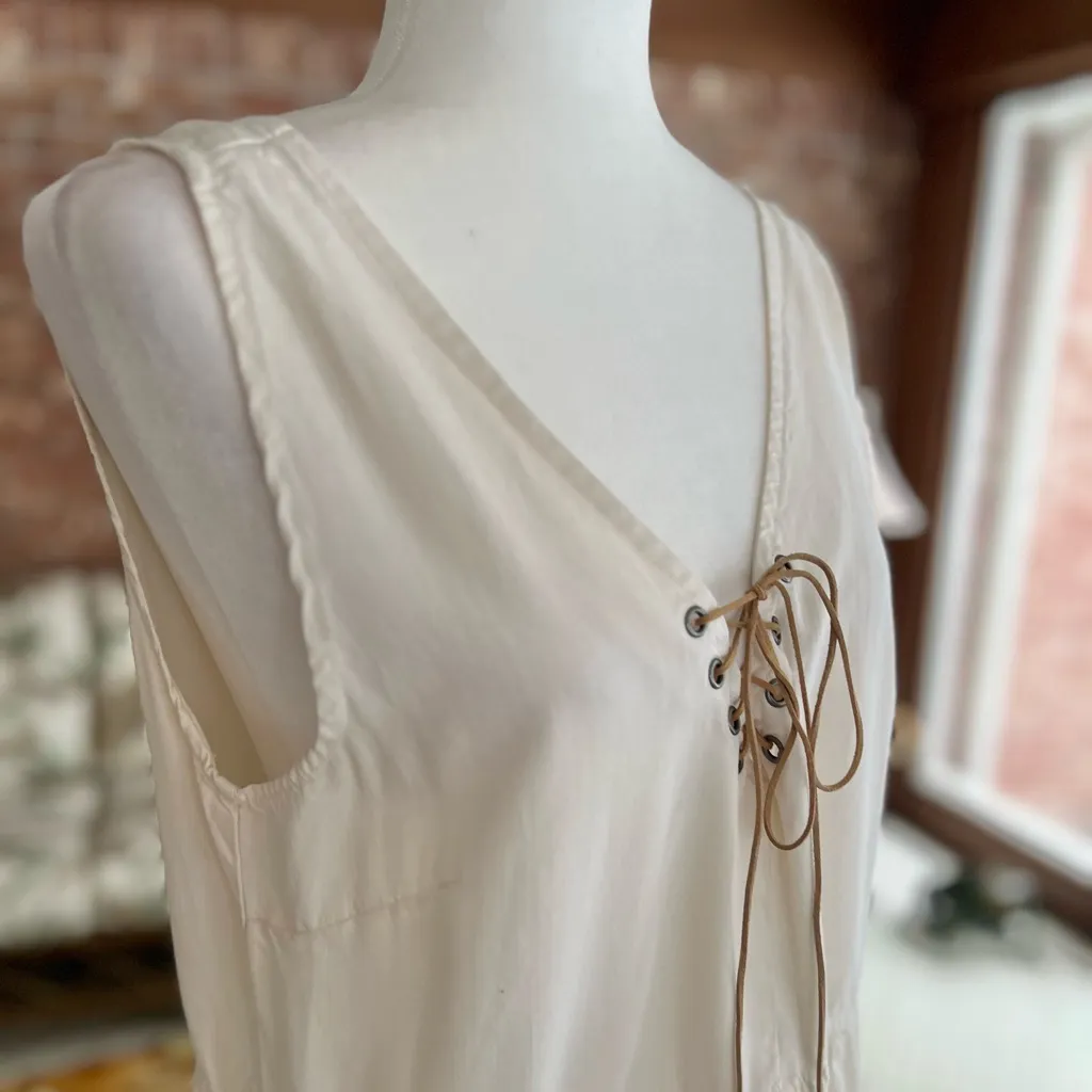 Celebrity Pink Dress Mini Ivory Lace Up Sundress Sleeveless V-Neck M - Image 8