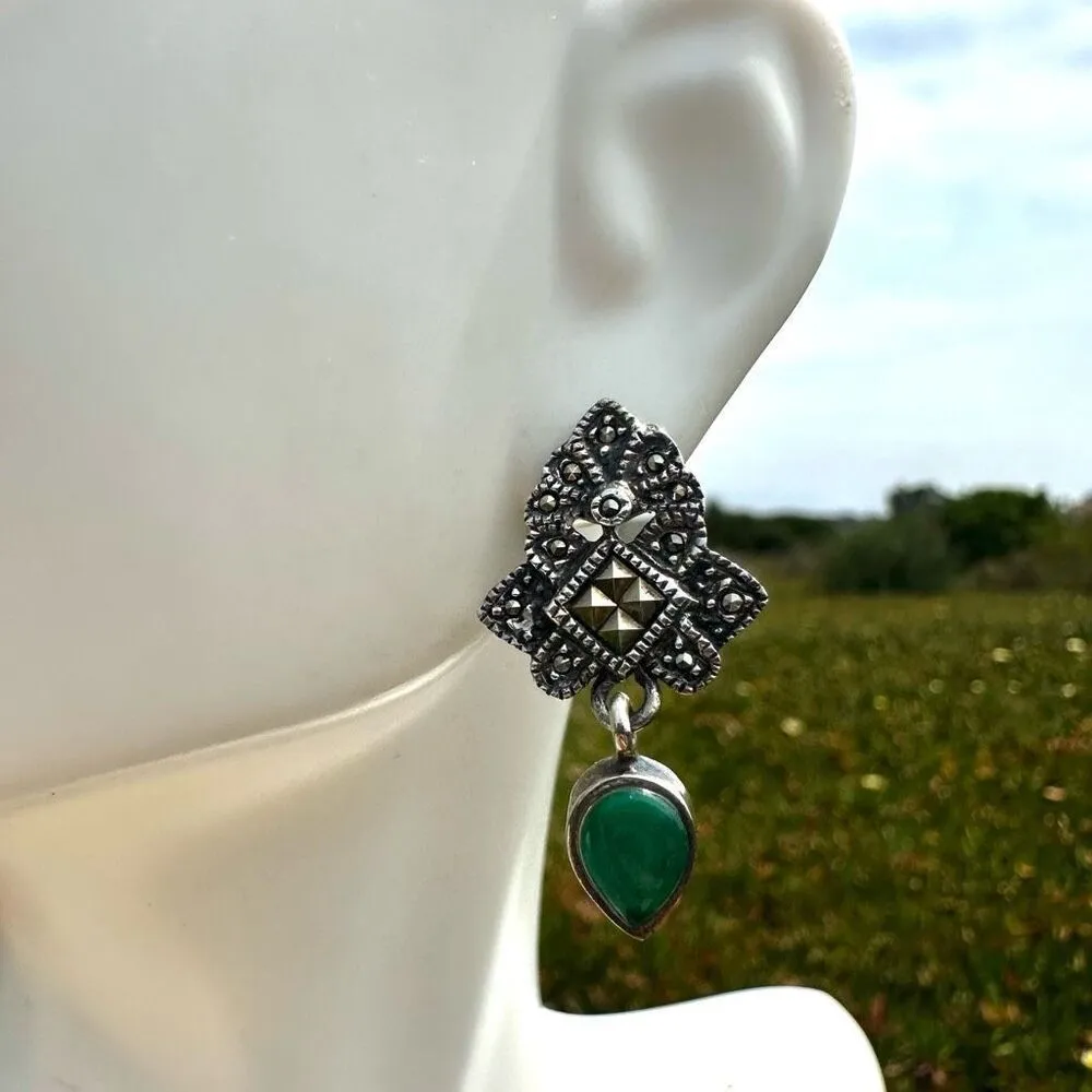 CW STERLING SILVER MARCASITES AND JADE DANGLING post EARRINGS - Image 2