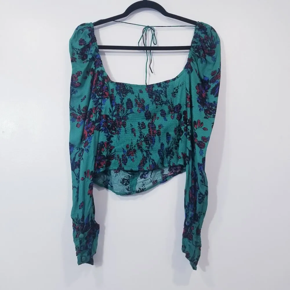 Free People Green Combo Floral Printed Hilary Crop Top Long Sleeves Blouse - Image 4