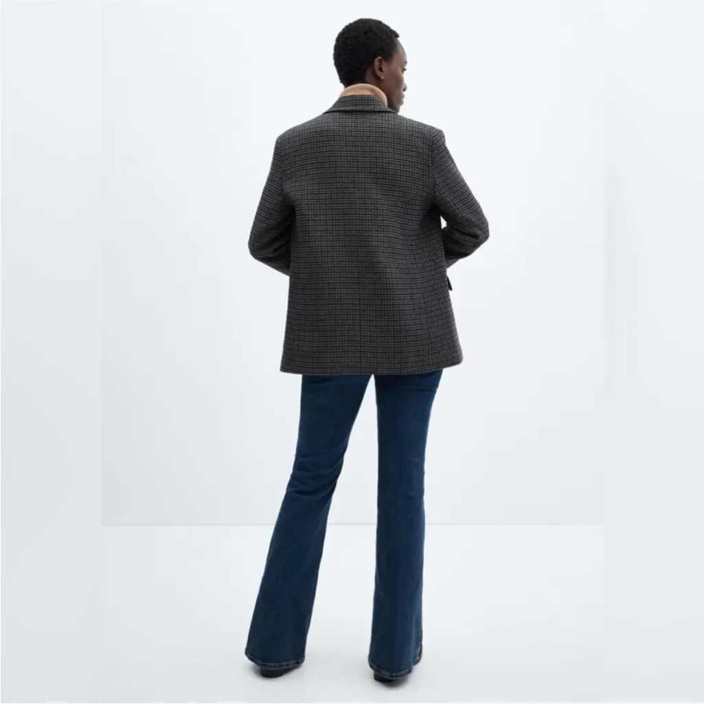MANGO MNG Houndstooth structured wool blend blazer Italian fabric gray black m - Image 3