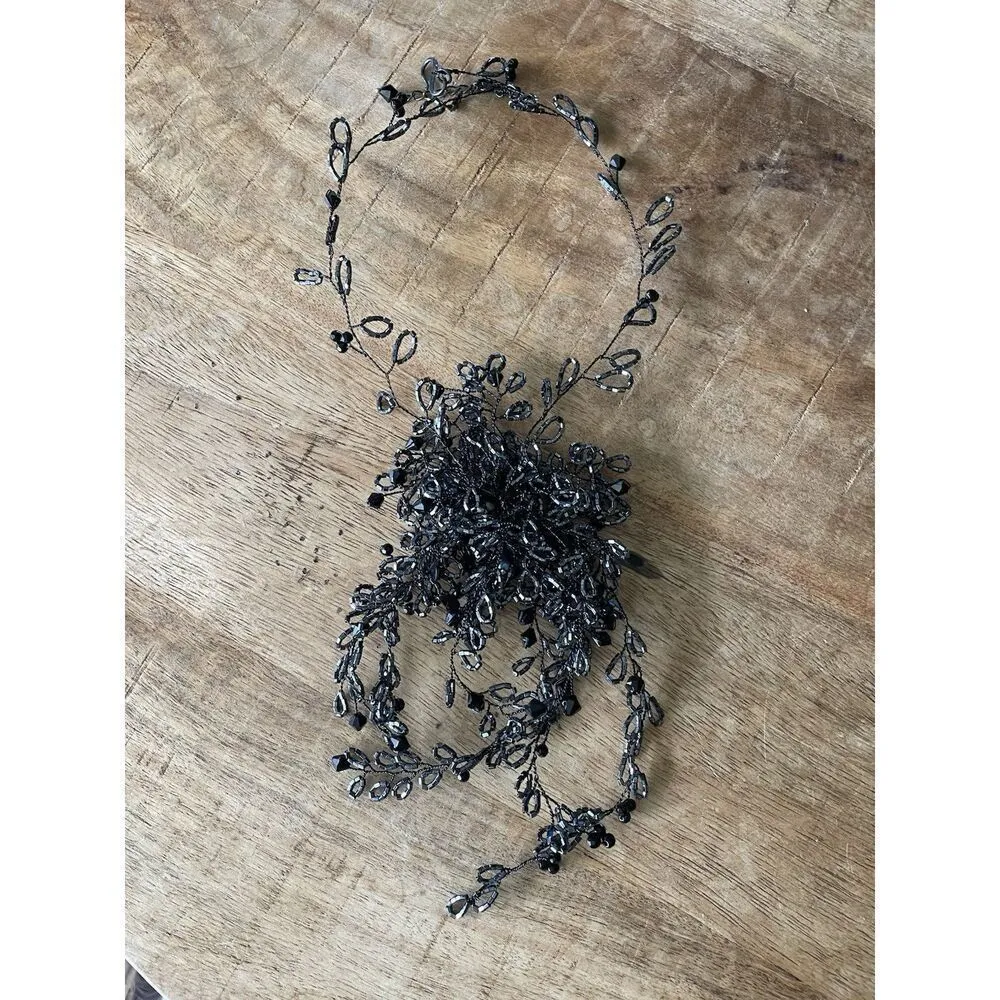 Handmade Black Beaded Necklace | Baroque Pearl Floral Bib | Gothic Wire Choker - Image 4