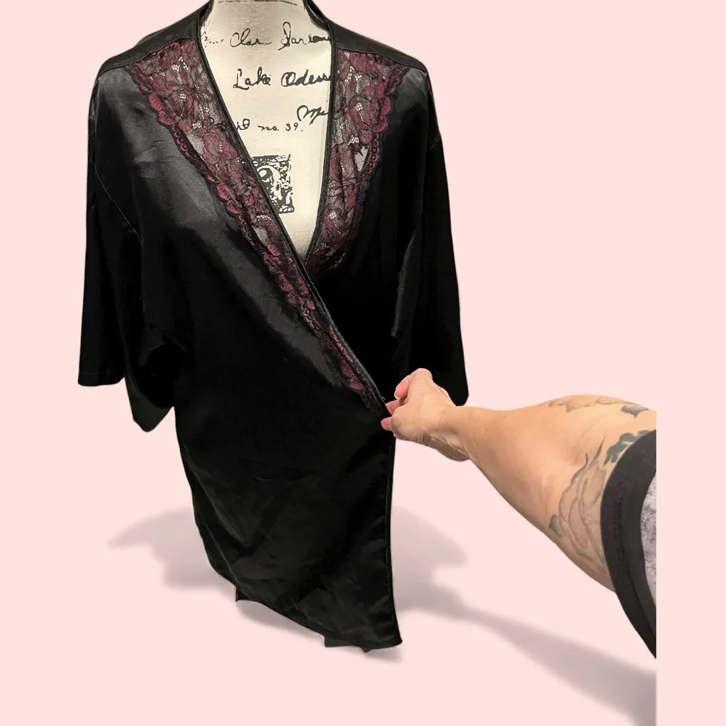 Black silky satin wine lace trim kimono robe whimsigoth midi - Image 3