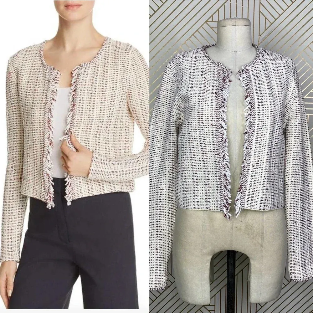 Theory Galinne Speckle Boucle Knit Fringe Sweater Jacket‎ Cream Red Size Small - Image 2