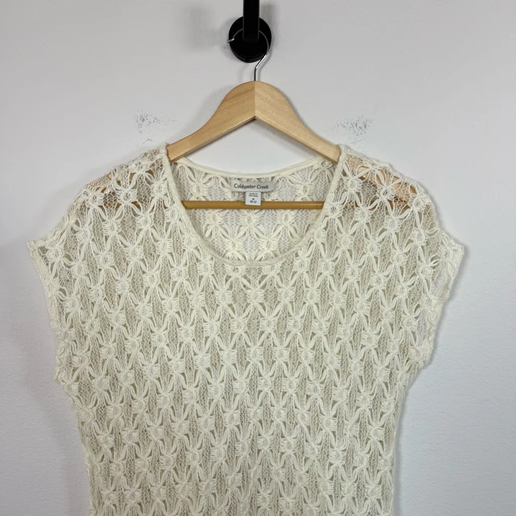 Coldwater Creek Women’s Open Knit Crochet Top Ivory/Tan Size M - Image 4