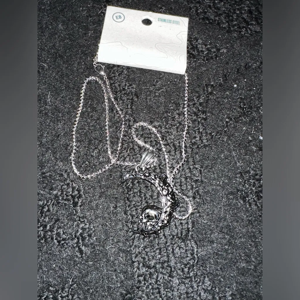 Earthbound Trading Cratered Crescent Moon w/ Skull Stainless Steel Necklace - Image 2