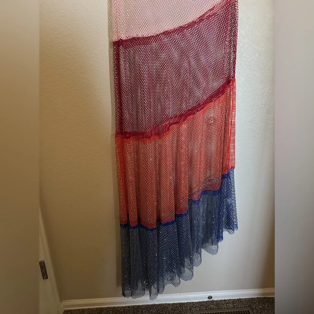 Queen of Sparkles beaded Mesh One Shoulder Asymmetrical Swim‎ Coverup Sz M Blue Size M - Image 4