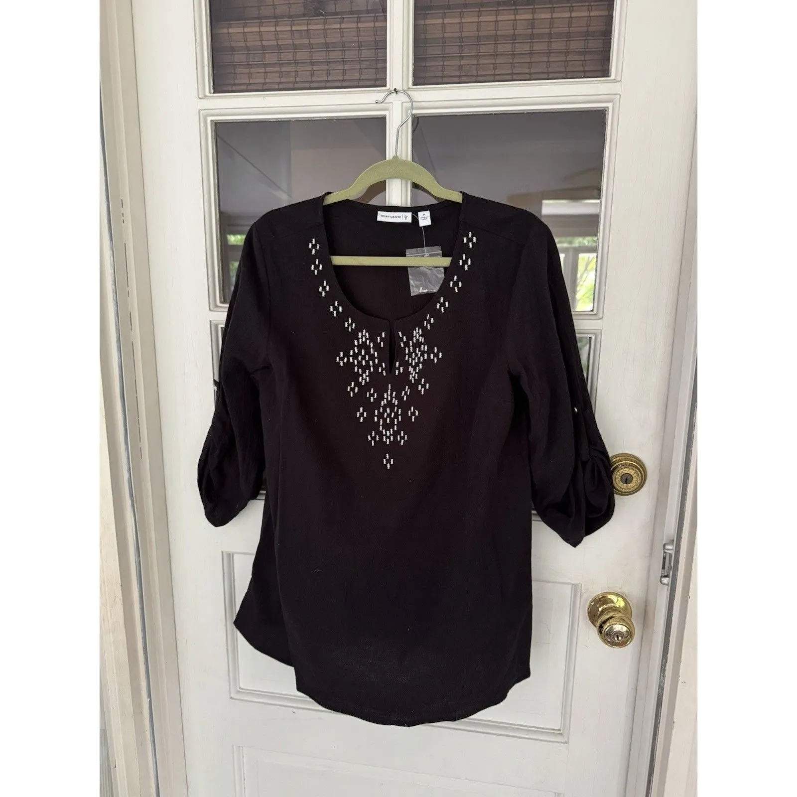 Susan Graver Women’s Tunic Blouse Black Sz M 100% cotton beaded roll tab - Image 6