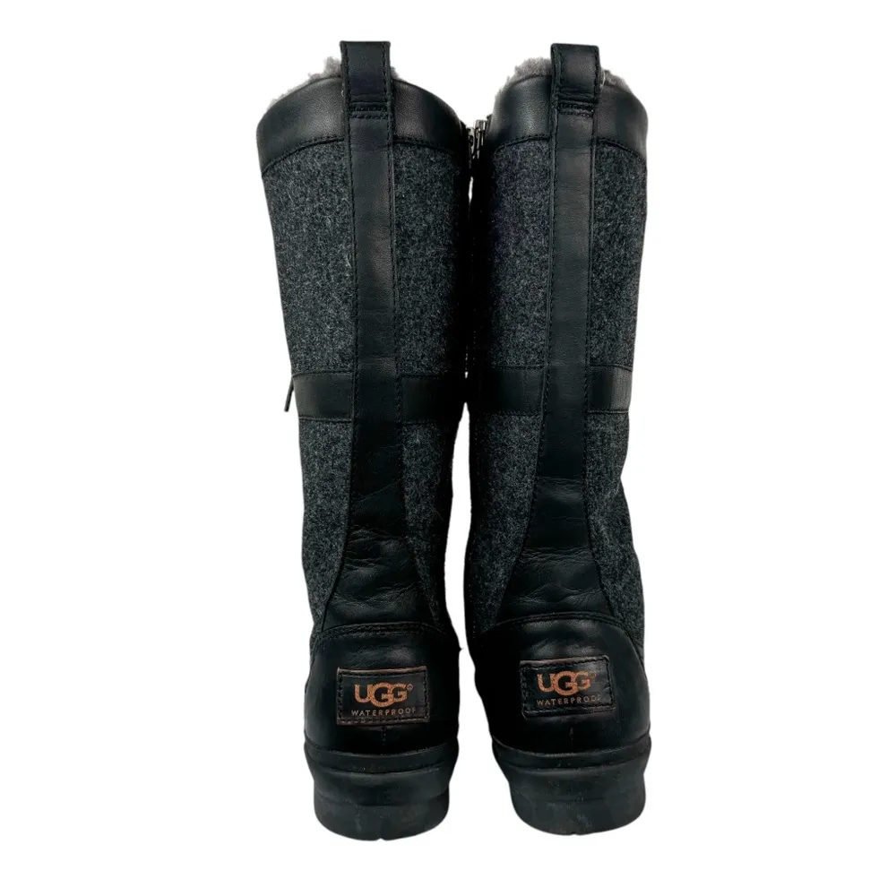UGG Elvia Black Leather Waterproof Boots Sz 6 Knee High Lace Up Wool Lined - Image 14
