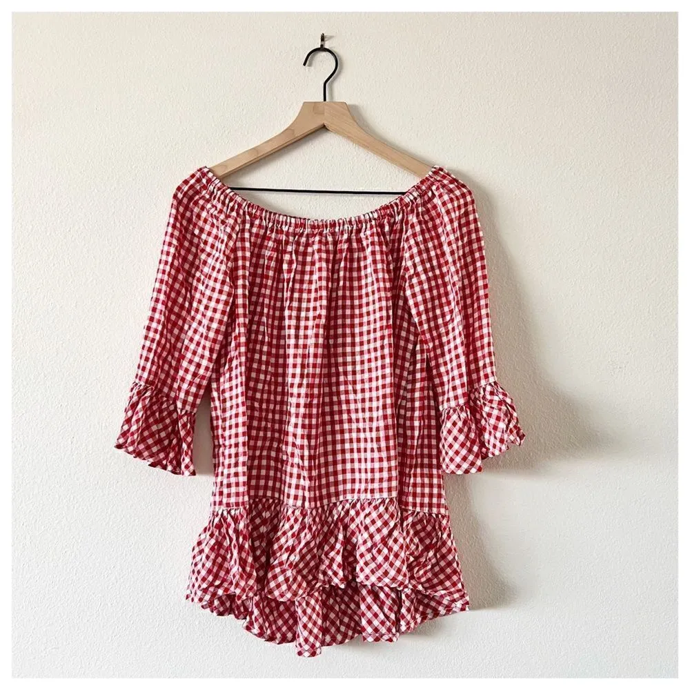 New BEACH LUNCH LOUNGE Gingham Off Shoulder Ruffle Top Sz M - Image 3