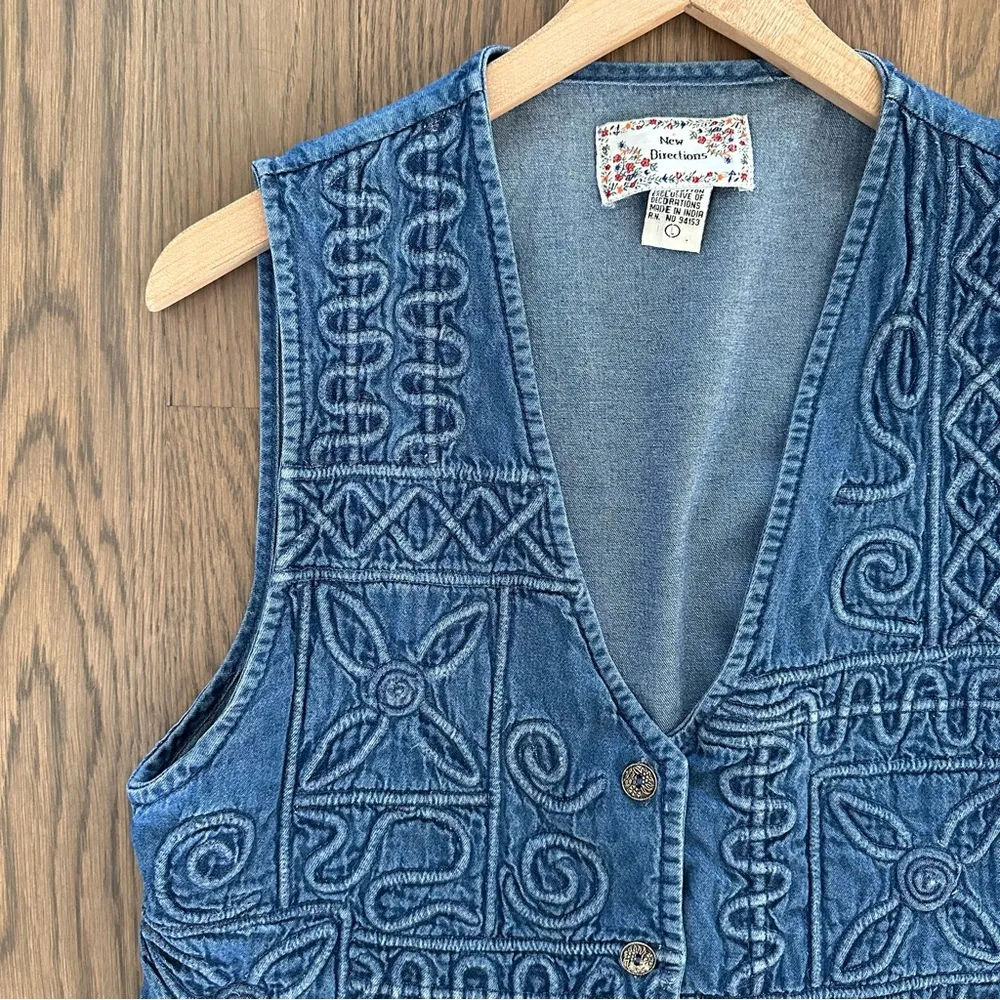 Anthropologie Vintage Embroidered Geometric Denim Western Sleeveless Vest Blue L - Image 8