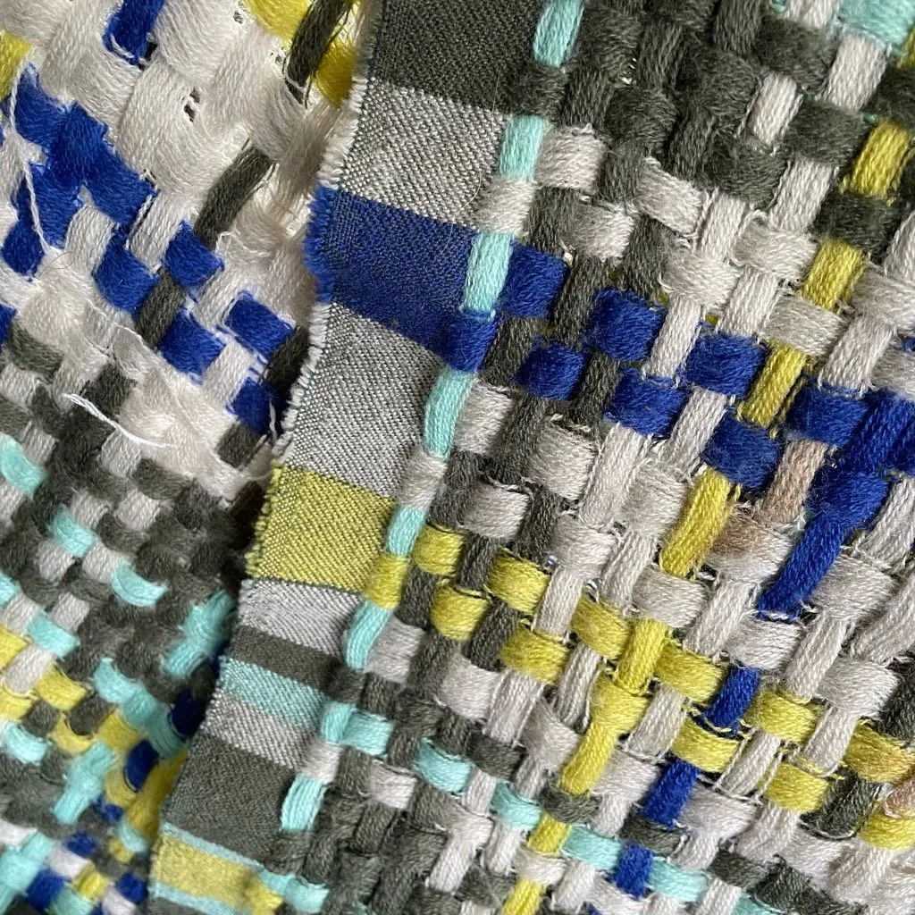 Stile Benetton Large Basketweave Scarf Blue Olive Green Yellow Unisex - Image 5