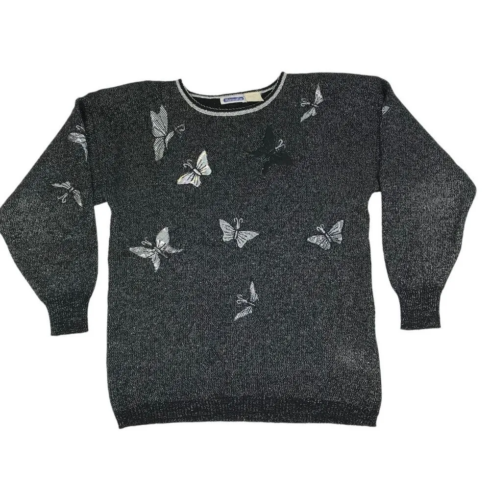 MARIEA KIM VTG Patchwork Sweater Women L Black/Silver Butterfly Retro 90's Y2K Black Size L - Image 3