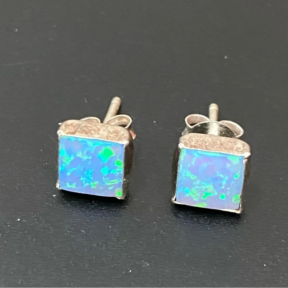 Sterling Silver 925  Blue Opal Square Small Stud Earrings - Image 4