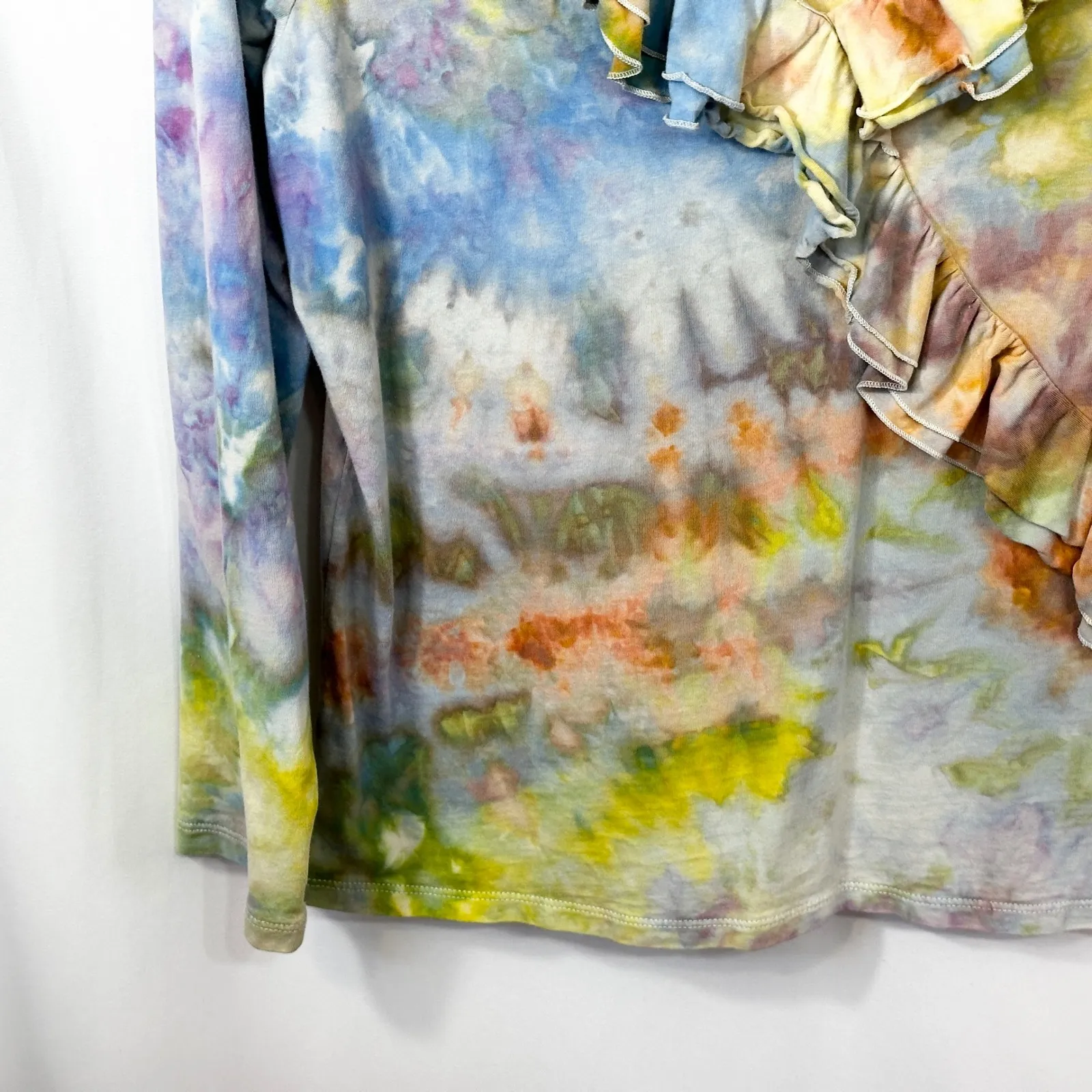 Chaps Large Top Handmade Tie Dye Ruffle V Neck Long‎ Sleeve Boho Festival 1747 - Image 6