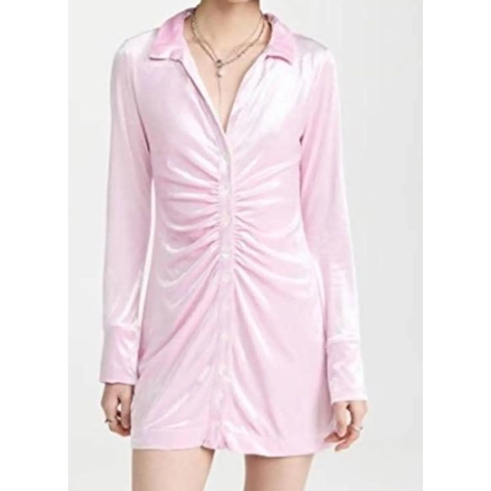 Free People Shayla Velvet Ruched Mini Dress Collar Long Sleeves Icy Pink M - Image 2