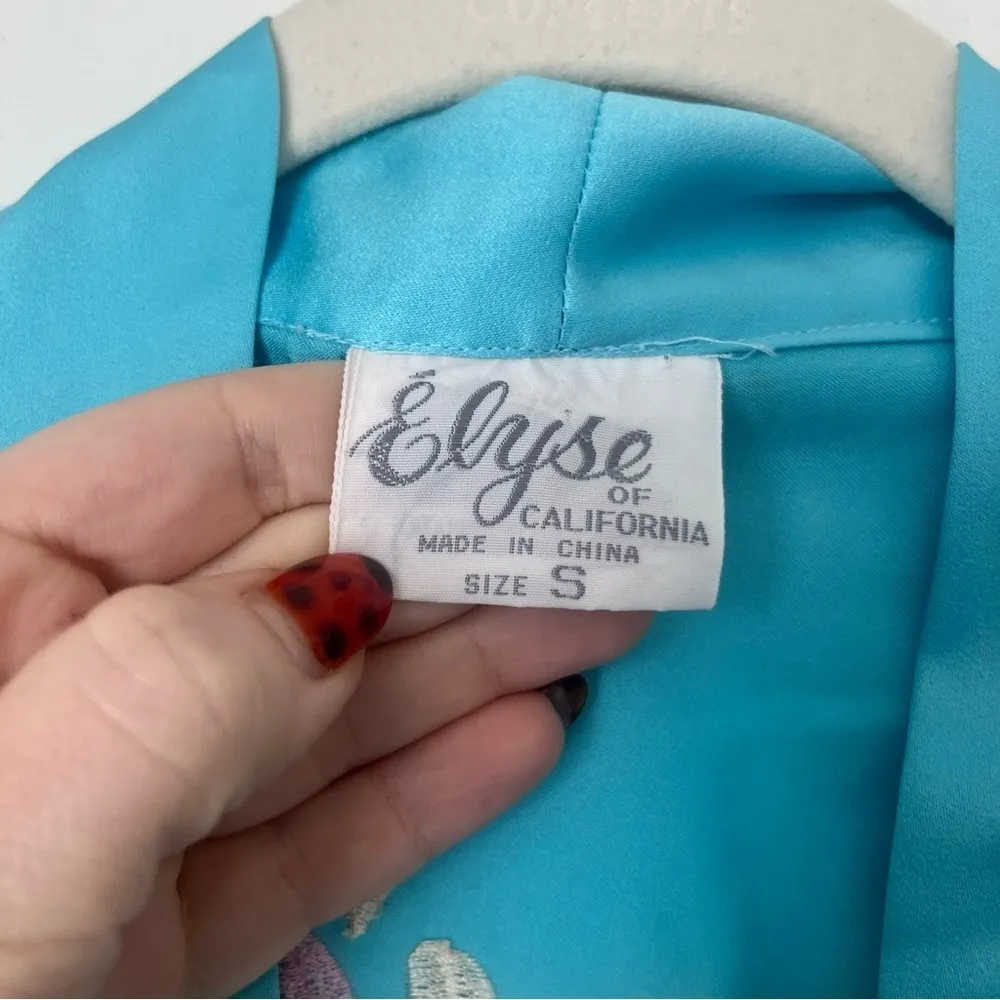 Vintage 90s Elyse of California Blue Satin Floral Embroidered Robe S - Image 2