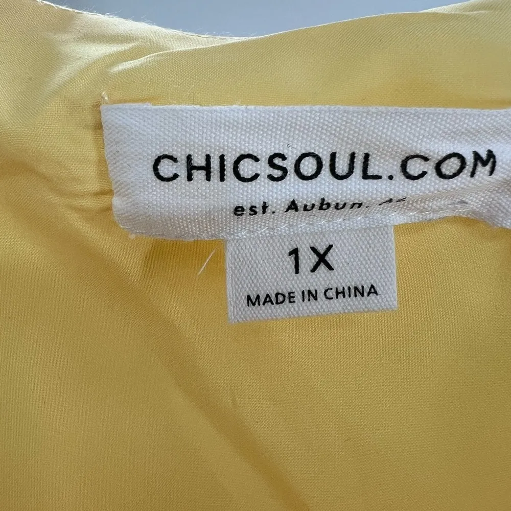 Chicsoul yellow shiny crinkle 1X plus midi dress tiered pockets long sleeve - Image 7