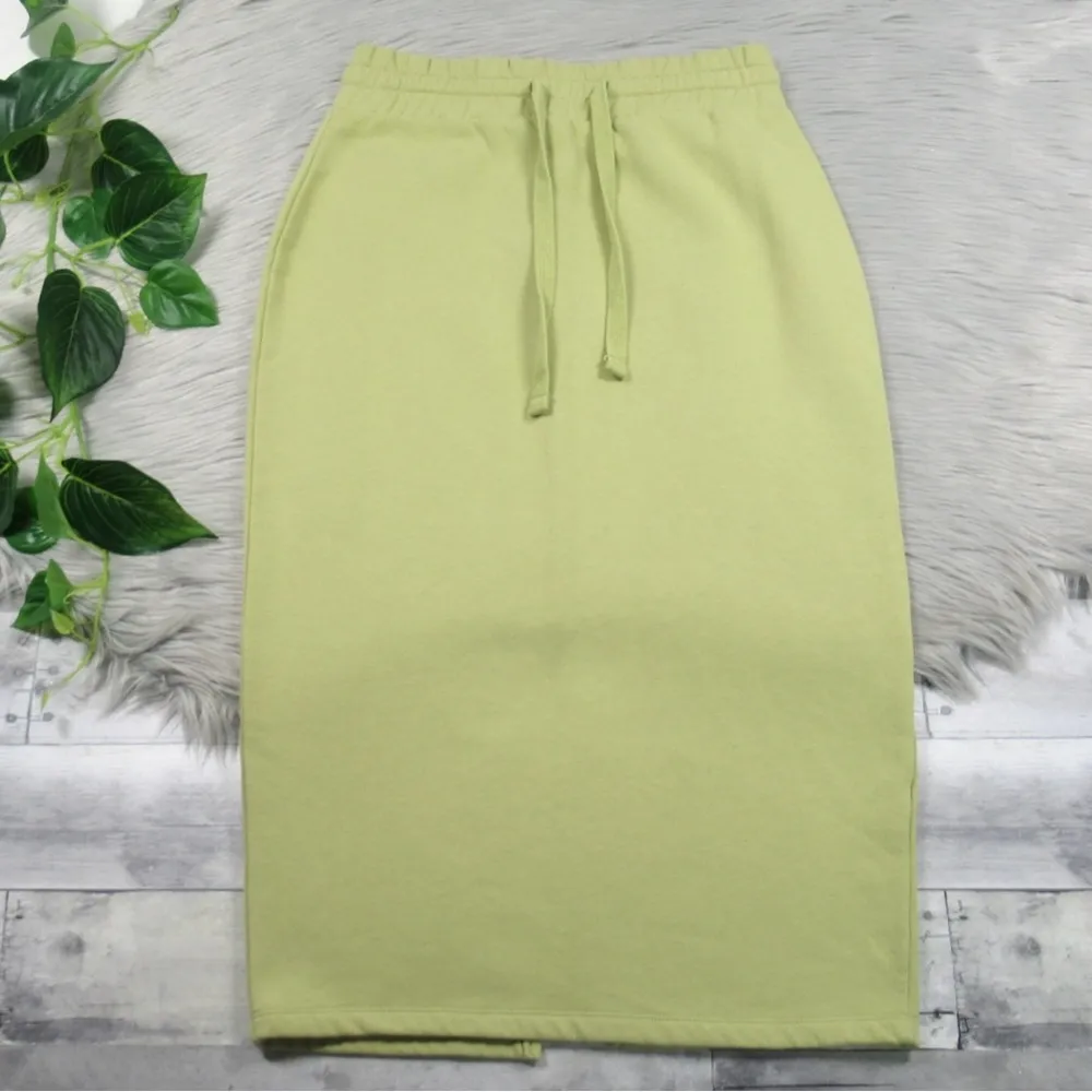 ZARA Casual Chartreuse Green Drawstring Fleece Sweater Midi Pencil Skirt Medium - Image 3