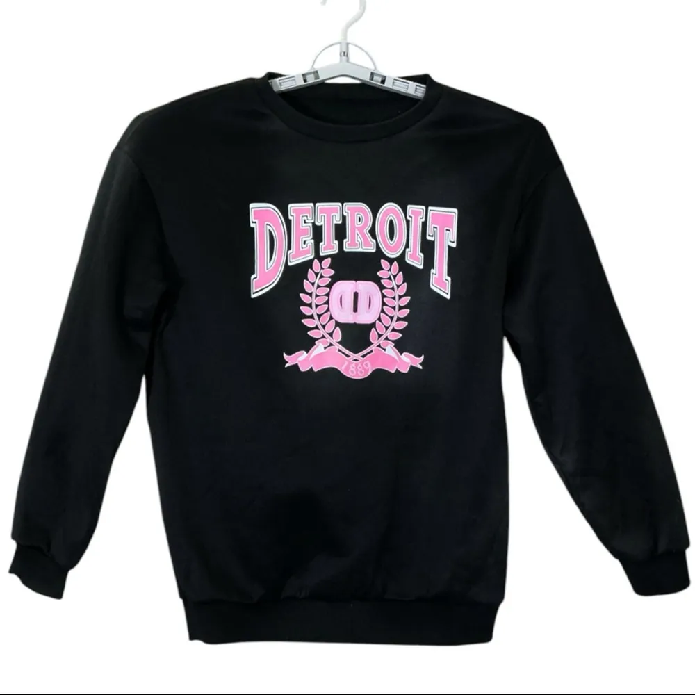 Detroit Sweatshirt Womens Crew Neck Fleece Lined Black Pink Medium Black Pink - Image 2