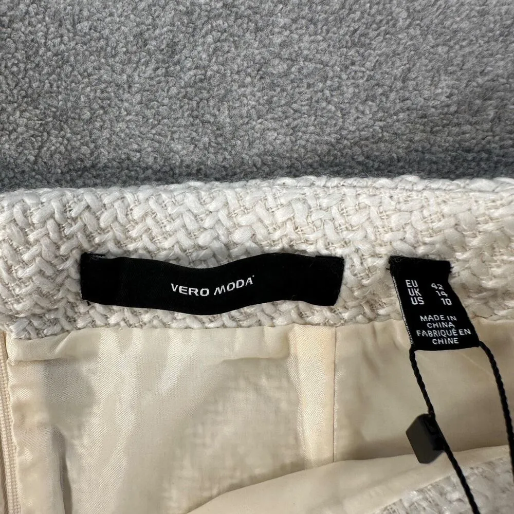 Vero Moda Tweed Mini Skirt VMLIVASTA Women's 10 Birch White New Pockets - Image 3