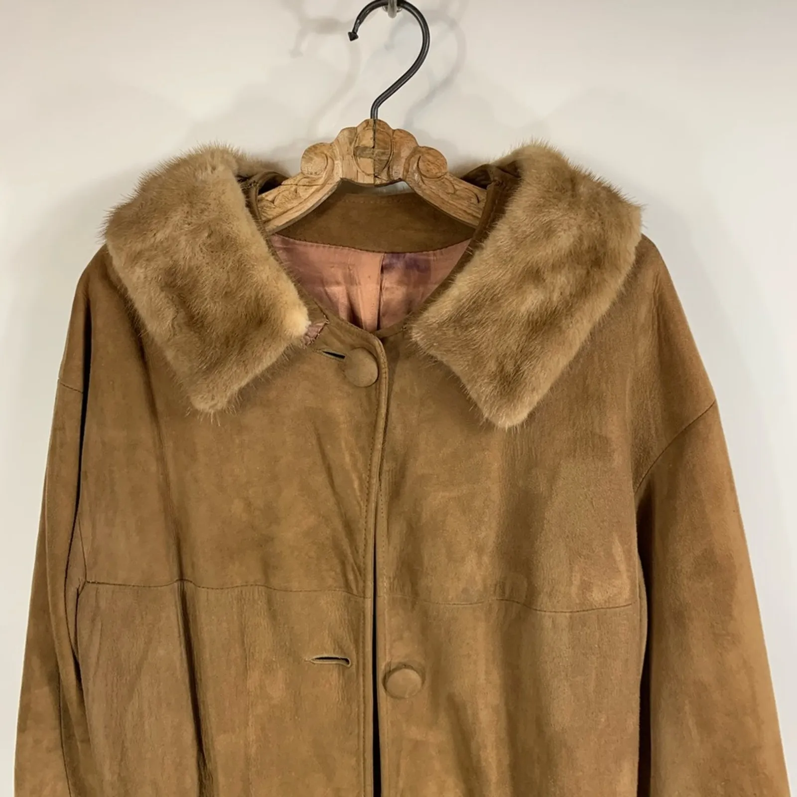 50s 60s Suede Fur Collar Tan Coat Size Medium - Image 7