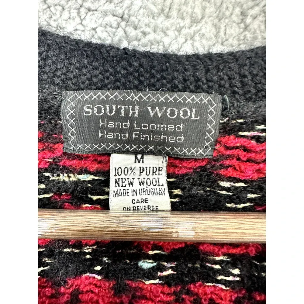 South Wool Cardigan Womens Medium Houndstooth Hand Loomed Wool Vtg Retro Preppy Black - Image 2