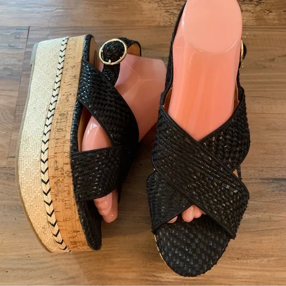 Zara Trafaluc Black Woven Cork Contrast Wedge Platform Sandals 40 9.5 - Image 2