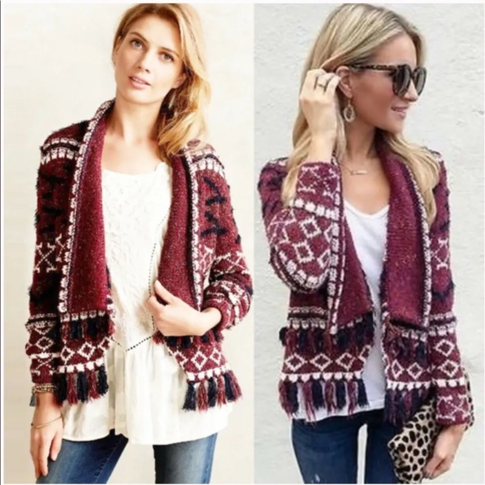 Moth Fringed Tassel Vera Cardigan Burgundy Anthro Purple Size L - Image 3