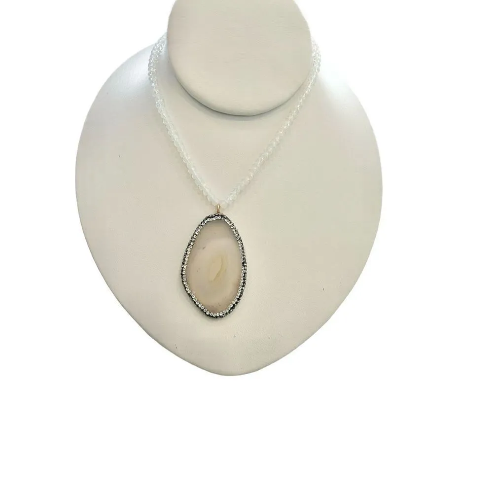 White sparkly beaded natural geode with border rhinestones statement necklace - Image 3