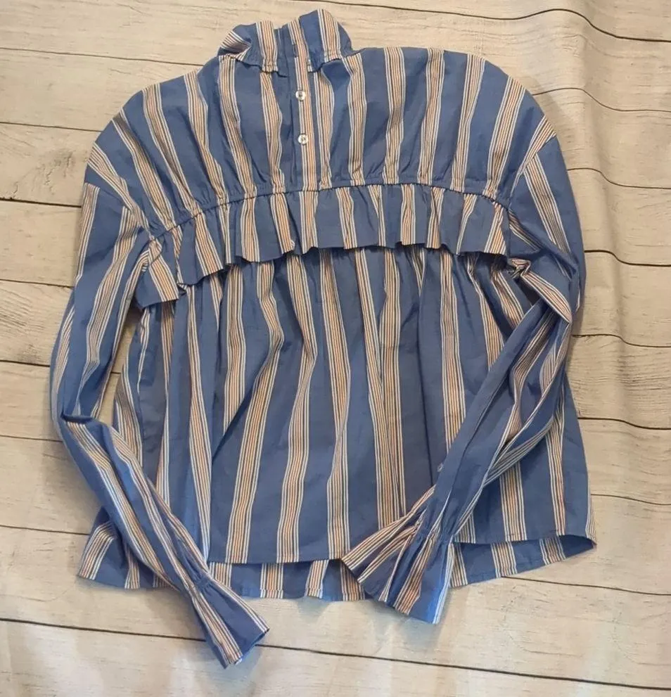 Maison cinqcent x  blue striped long sleeve blouse size small - Image 2
