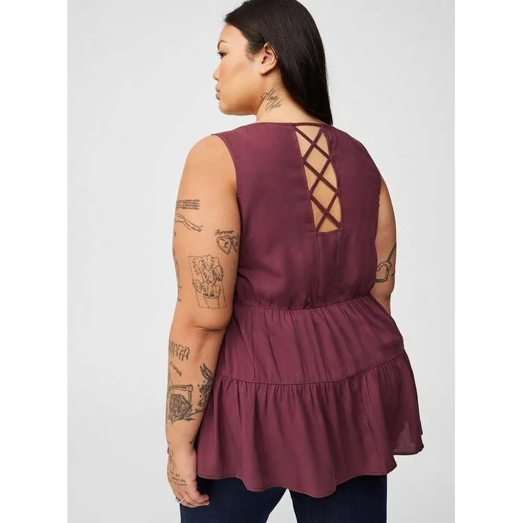 Torrid Burgundy Crinkle Gauze Tiered Lace Up Back Peplum Tank Top Size 1X NWT - Image 2