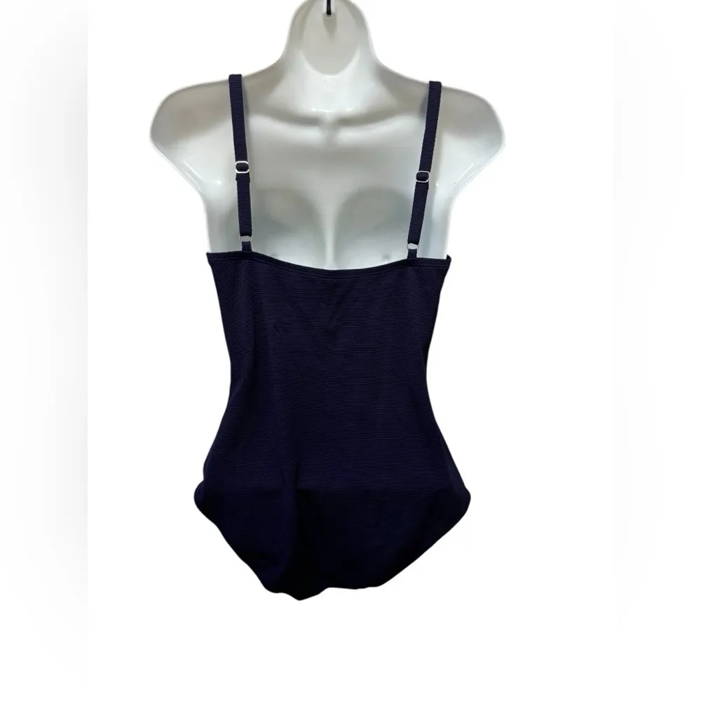 TOMMY BAHAMA Grommet Trim Solid Pique One Piece Swimsuit Sz 10 In Navy Blue - Image 2