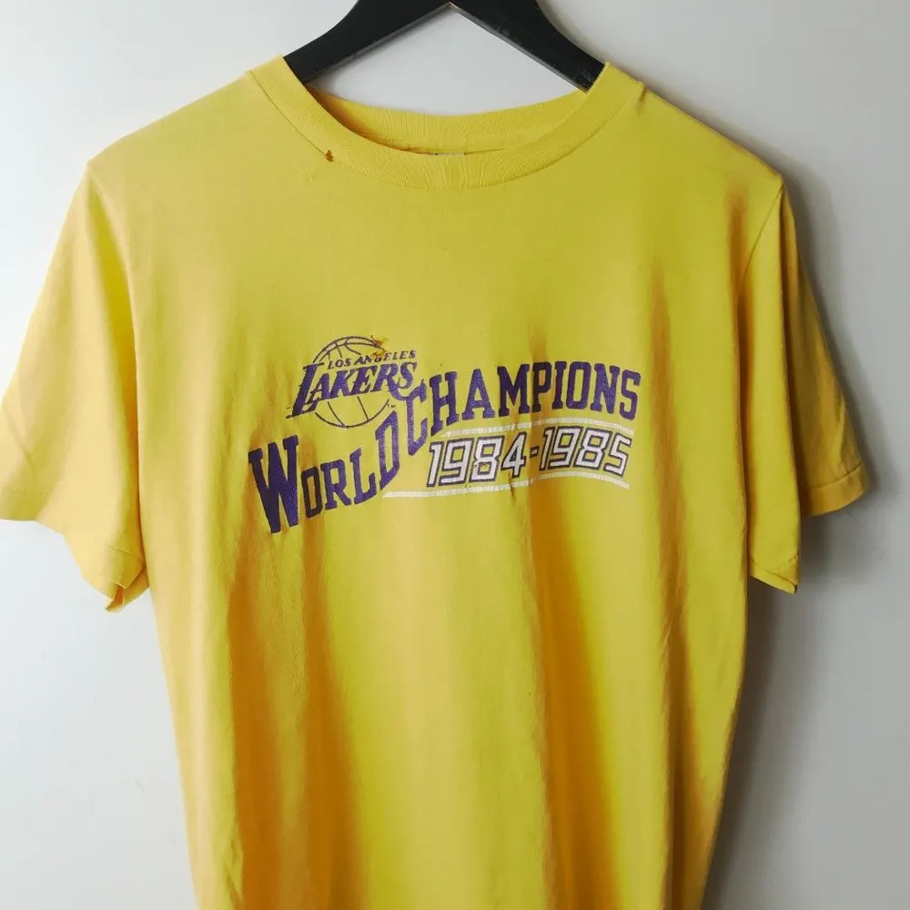 Distressed Vintage 80s Los Angeles Lakers World Champions T Shirt Yellow Medium - Image 15