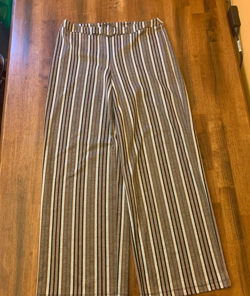 Cato Pants Medium Brown Black White Stripes Belt Detail Straight Leg Casual - Image 2