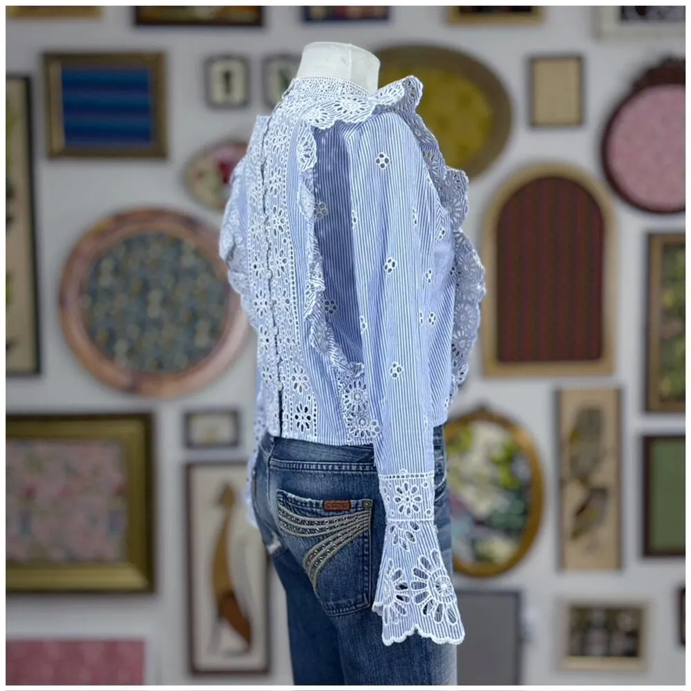 Sea Exploded New York Exploded Eyelet Ruffle Top Retail $ 345 Blue White Size 00 - Image 11