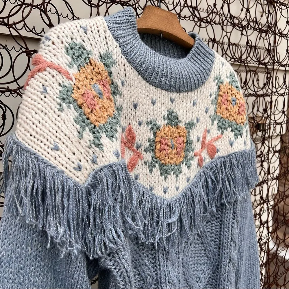 VTG 90s Ivy Club Classics pastel knit fringe floral needlepoint style sweater Blue Size L - Image 2