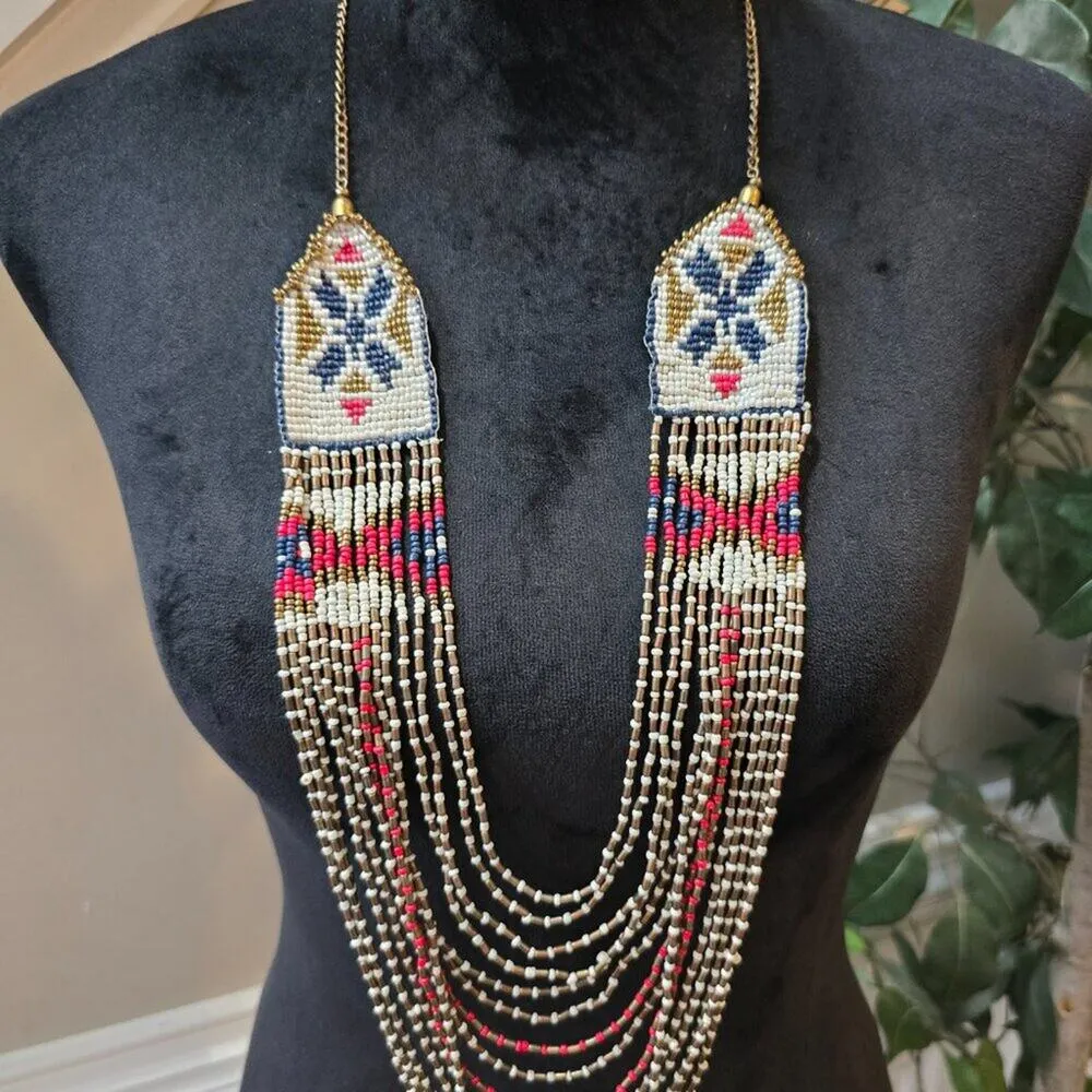 RARE VTG Womens Multicolor Seed Beads Navajo Indian Necklace with Lobster Clasp White - Image 3
