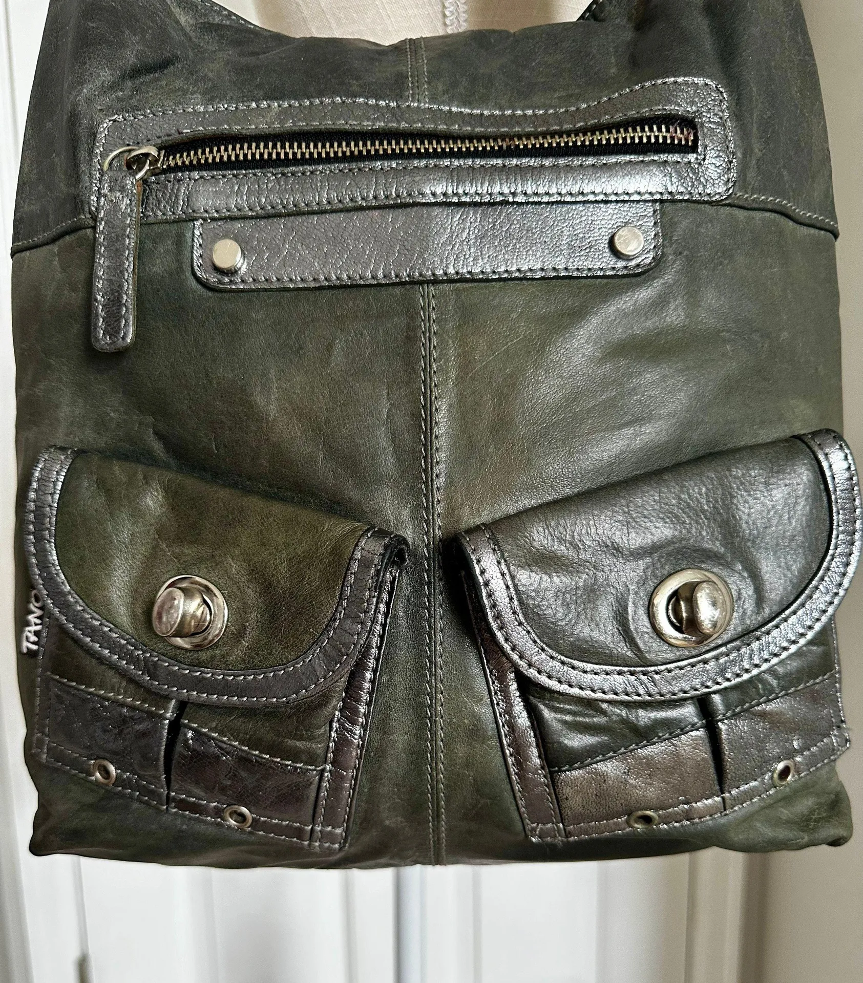 Tano Large Distressed Tote Leather Hobo Carryall Shoulder Bag Designer Italy New Green - Image 3