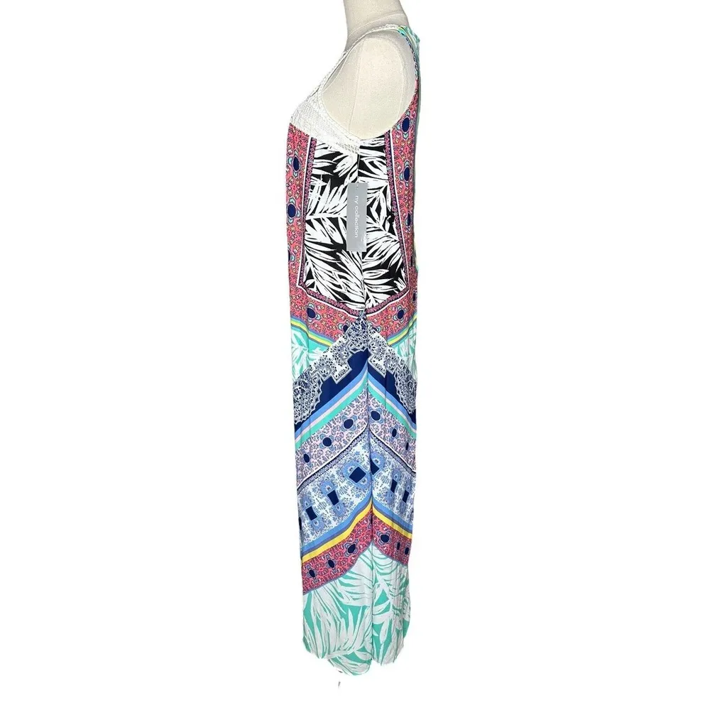 NEW NY Collection Palm Leaf Tropical Print Crochet Trim Sleeveless Maxi Dress XS - Image 2