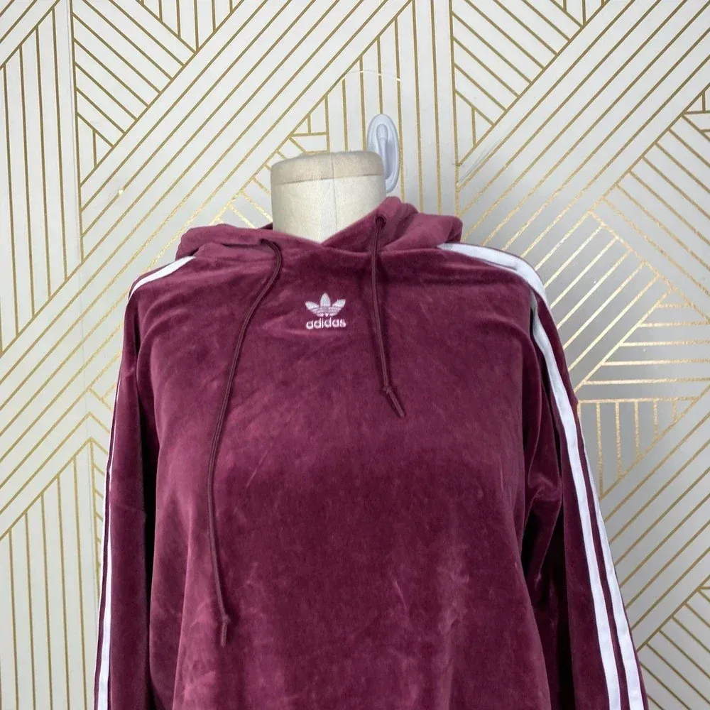 Adidas Originals Hoodie Sweatshirt Cropped Velour‎ Purple Red Size US Small - Image 4