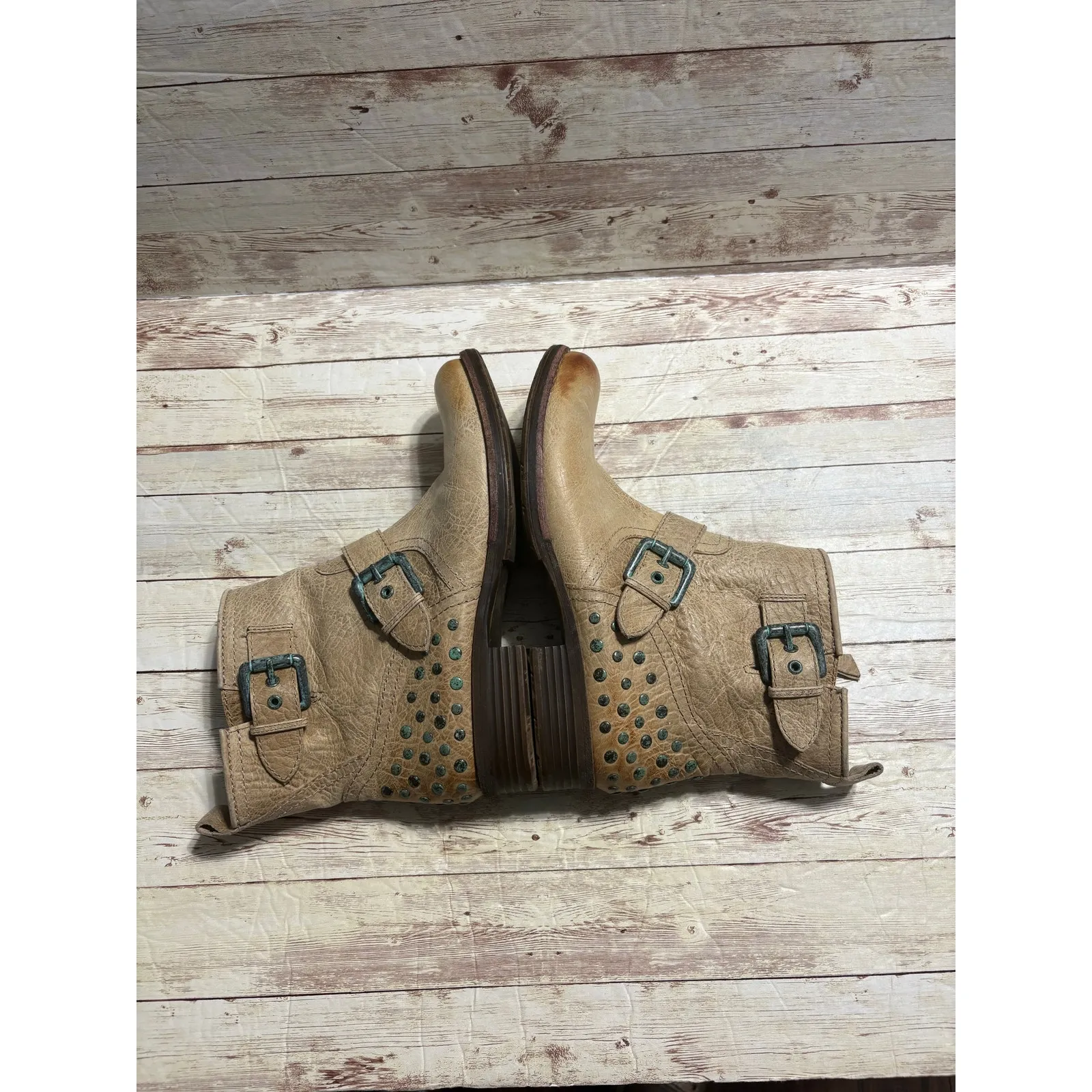 Naya Anthropologie Agatha Leather Studded Booties Women's Size 9M Taupe Moto Tan - Image 6