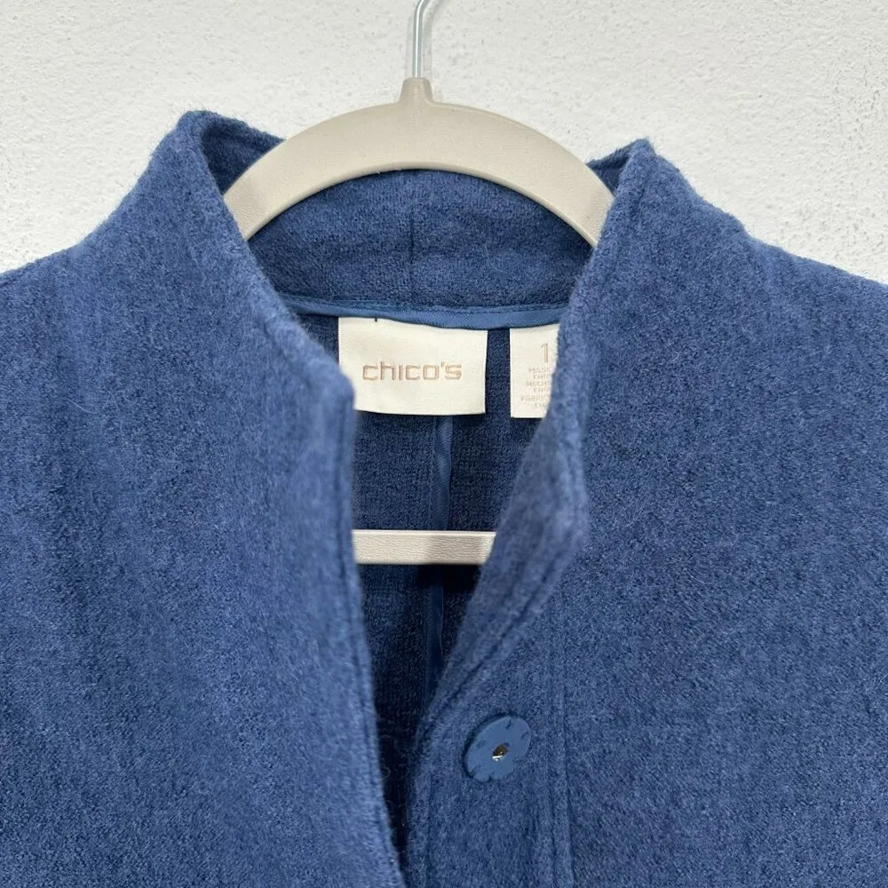 Chico's Size 1 Medium Navy Blue 100%‎ Wool Button Front Mockneck Jacket Coat - Image 5