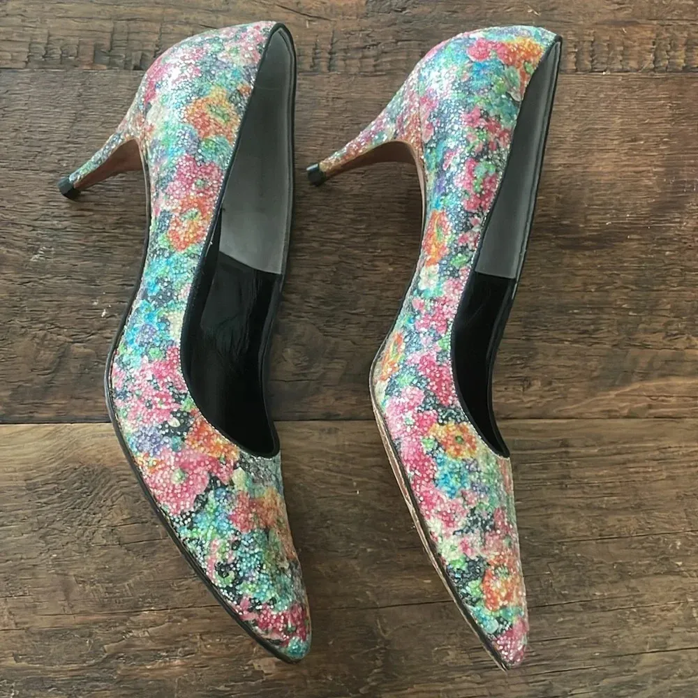 Vintage Glitter Floral High Heel Shoes Pageant De Liso Debs size 8.5 Blue - Image 3