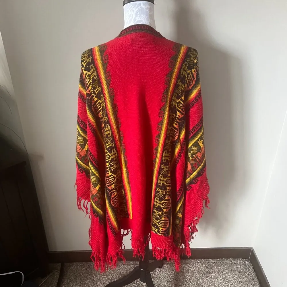 Alpaca Connection Sweater Shawl One Size Red Aztec Print Fringe Colorful Size M - Image 7