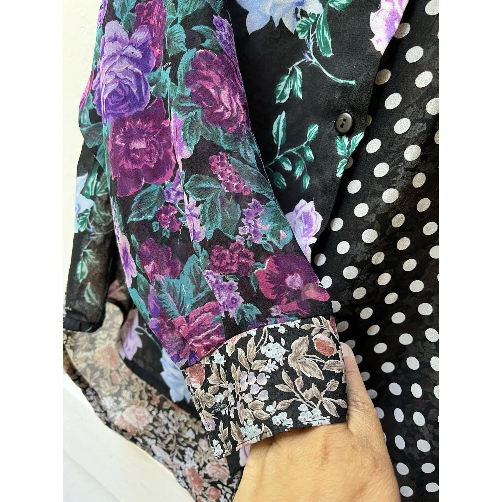 90s Judy Knapp Womens Floral Dark Romantic Polka Dot Blouse Siz Med Celestial - Image 4