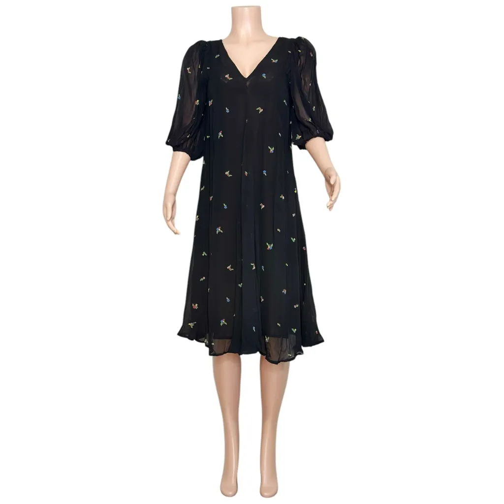GANNI Gathered Floral-Print Crepe De Chine Midi Dress, Black, FR34/US2 - Image 6