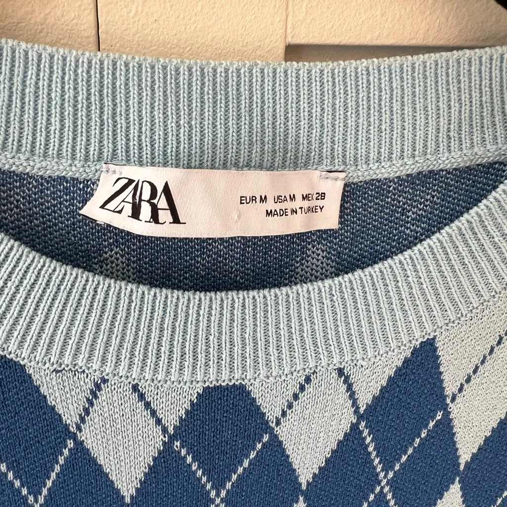 Zara Women’s NWOT Blue Argyle Sweater‎ Knit Mini Dress Size Medium - Image 4