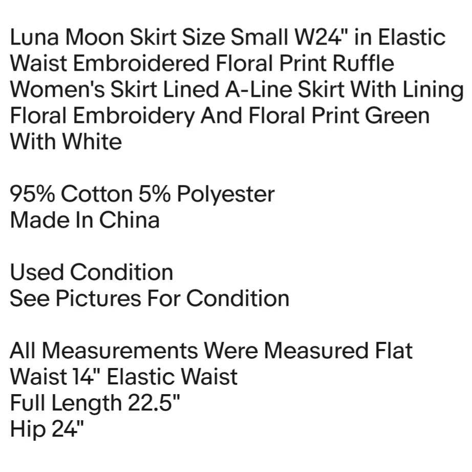 Luna Moon Skirt Size Small W24" in Elastic Waist Embroidered Floral Print Ruffle  - Image 2